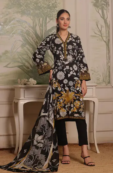 Printed Khaddar Shirt Printed Lawn Dupatta by GUL AHMED, Black