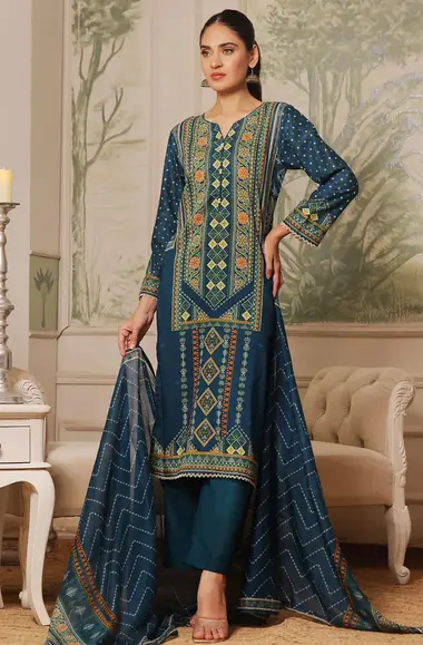 Printed Khaddar Shirt Printed Lawn Dupatta by GUL AHMED, RoyalBlue