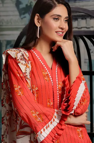 Printed Khaddar Shirt Printed Lawn Dupatta by GUL AHMED, OrangeRed