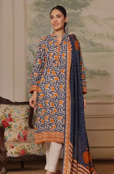 Printed Khaddar Shirt Printed Lawn Dupatta by GUL AHMED, DarkGrey