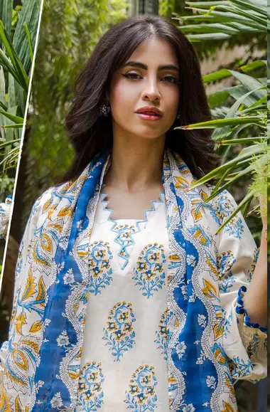 Printed Khaddar Shirt Printed Lawn Dupatta by GUL AHMED, White