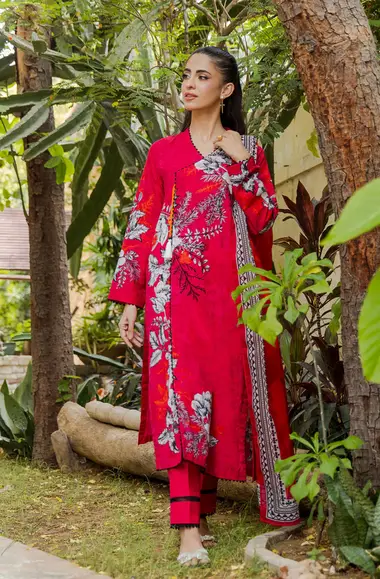 Printed Khaddar Shirt Printed Lawn Dupatta by GUL AHMED, Red