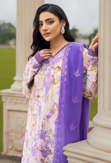 Embroidered karandi shirt and chiffon dupatta D05 by HUMDUM, Purple