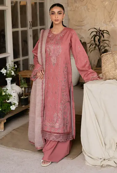 Embroidered Front Slub Dupatta by HUMDUM, DeepPink