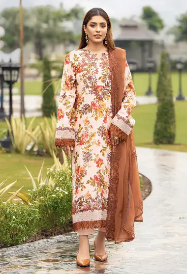 Embroidered karandi shirt and chiffon dupatta D06 by HUMDUM, Orange