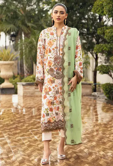 Embroidered Karandi Shirt and Chiffon dupatta D10 by HUMDUM, Orange