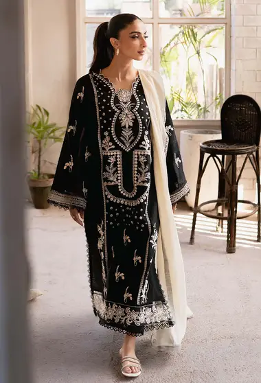 Embroidered Front Slub Dupatta by HUMDUM, Black