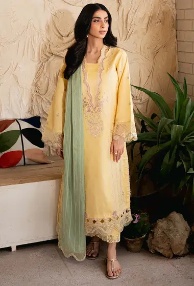 Embroidered Front Slub Dupatta by HUMDUM, Yellow