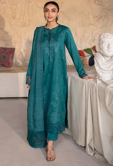 Embroidered Front Slub Dupatta by HUMDUM, ForestGreen