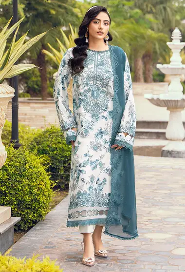 Embroidered karandi shirt and chiffon dupatta D01 by HUMDUM, White