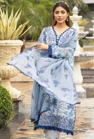 Embroidered karandi shirt and chiffon dupatta D08 by HUMDUM, Blue