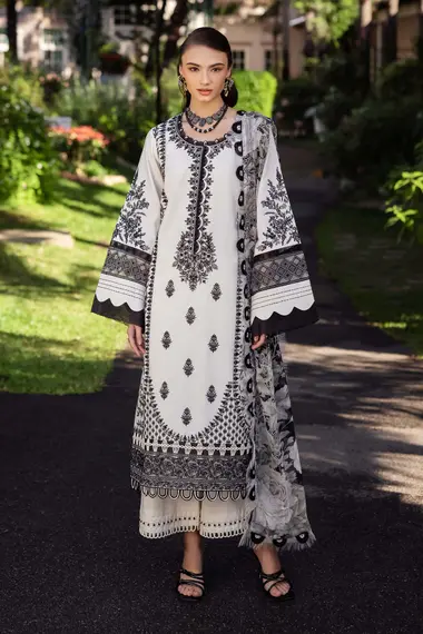 Embroidered Lawn Shirt Chiffon Dupatta by JADE, White