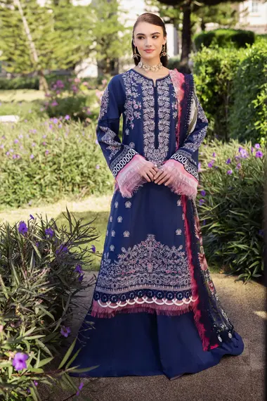 Embroidered Lawn Shirt Chiffon Dupatta by JADE, Navy