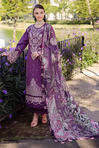 Embroidered Lawn Shirt Chiffon Dupatta by JADE, Purple