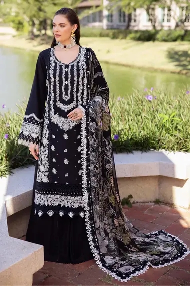 Embroidered Lawn Shirt Chiffon Dupatta by JADE, Black