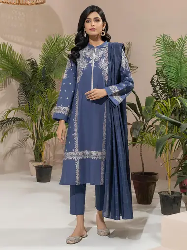 Khaddar Shirt Monar Slub Dupatta by LIMELIGHT, Blue