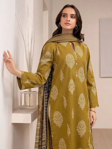 Printed Slub Khaddar Shirt Poly Wool Textured Shawl by LIMELIGHT, DarkOliveGreen