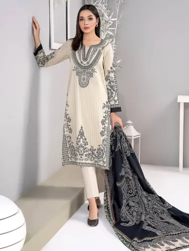 Printed Khaddar Shirt Poly Wool Textured Shawl by LIMELIGHT, Beige