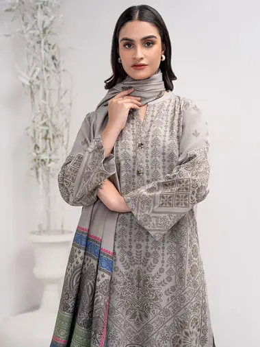 Slub Khaddar Shirt Poly Wool Textured Shawl by LIMELIGHT, DarkGray