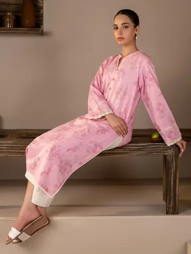 Printed Khaddar Shirt by LIMELIGHT, Pink