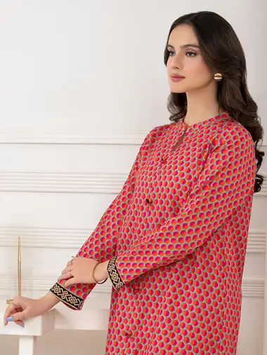 Printed Slub Khaddar Shirt by LIMELIGHT, HotPink