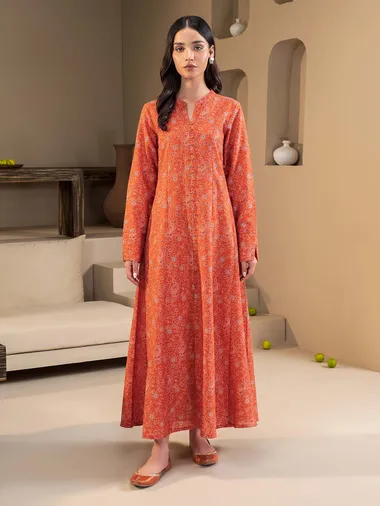 Printed Slub Khaddar Shirt by LIMELIGHT, Coral