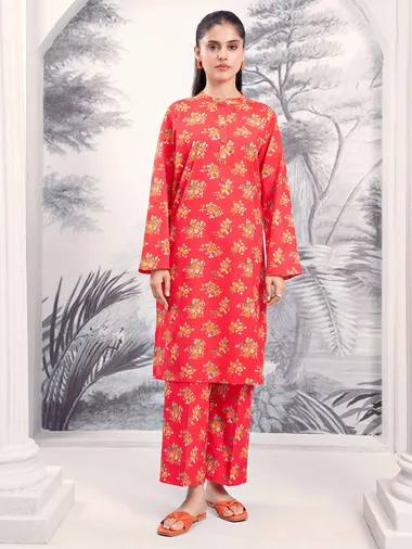 Printed Khaddar Shirt Printed Khaddar Trouser by LIMELIGHT, Coral