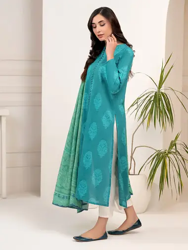 Printed Slub Khaddar Shirt Poly Wool Textured Shawl by LIMELIGHT, Green