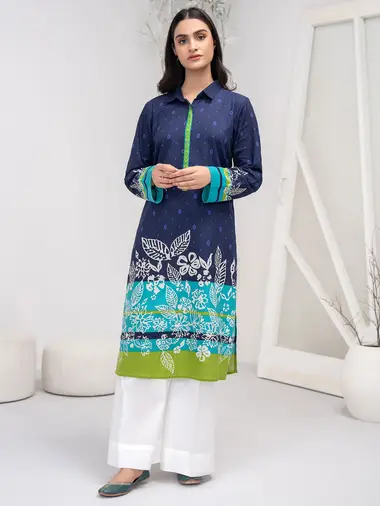 Printed Khaddar Shirt by LIMELIGHT, Blue