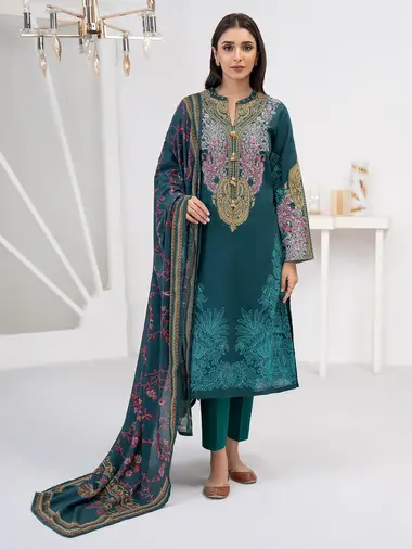 Khaddar Shirt Poly Wool Shawl by LIMELIGHT, Teal