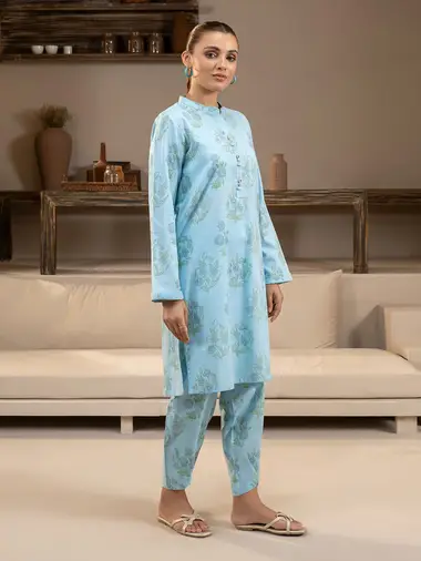 Printed Khaddar Shirt by LIMELIGHT, SkyBlue