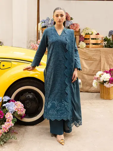 Embroidered Lawn Front Embroidered Dupatta by MAHNUR, DarkBlue