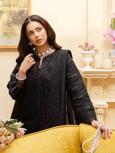 Embroidered Lawn Front Embroidered Dupatta by MAHNUR, Black