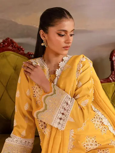 Embroidered Lawn Front Embroidered Dupatta by MAHNUR, Yellow