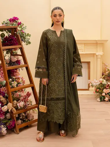 Embroidered Lawn Front Embroidered Dupatta by MAHNUR, DarkGreen