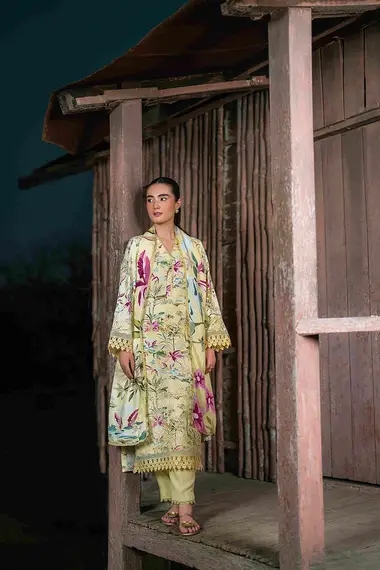 Embroidered Printed Karandi Shirt  and  dupatta by PURI FABRICS, yellow