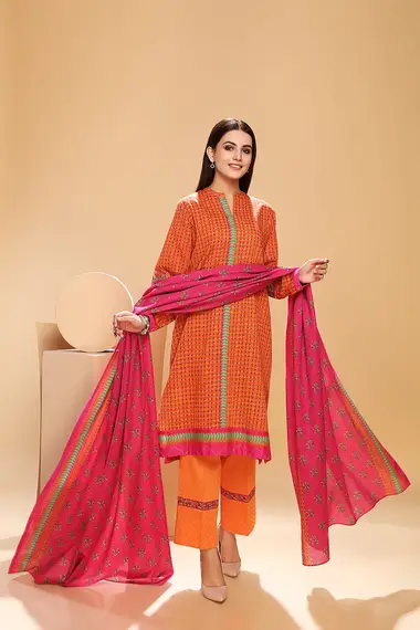 Printed Khaddar Shirt And Dupatta by NISHAT, Coral