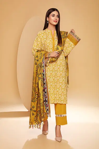 Printed Khaddar Shirt And Dupatta by NISHAT, Gold