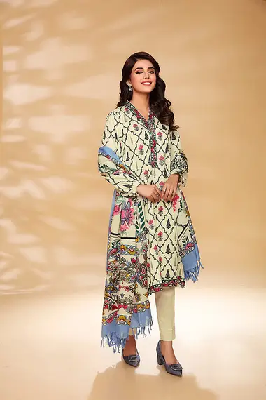 Printed Khaddar Shirt And Dupatta by NISHAT, Beige