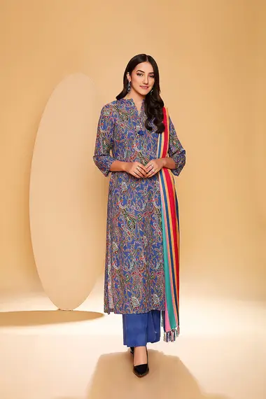 Printed Khaddar Shirt And Dupatta by NISHAT, Blue