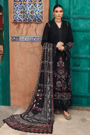 Embroidered Chikankari Self Linen Jacquard Shirt And Printed Jacquard Woolen Shawl NW-83 by NUREH, Black