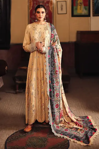 Embroidered Self Linen Jacquard Shirt And Printed Jacquard Woolen Shawl NW-82 by NUREH, Bisque