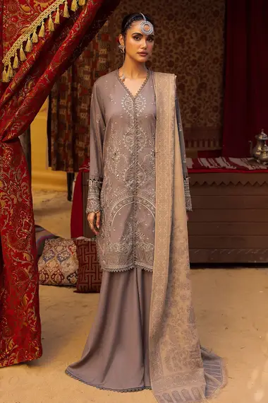 Embroidered Dhanak Front Pure Wool Shawl NE-63 E by NUREH, RosyBrown