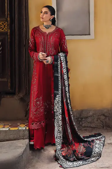 Embroidered Self Linen Jacquard Shirt And Printed Jacquard Woolen Shawl NW-84 by NUREH, Red