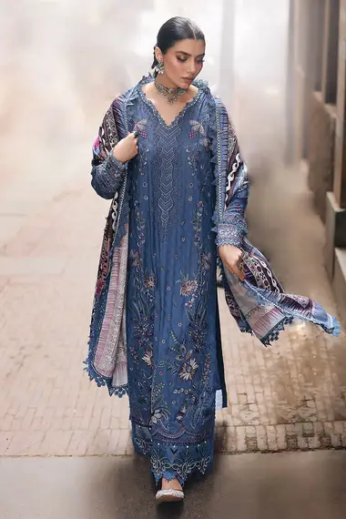 Embroidered Self Linen Jacquard Shirt And Printed Jacquard Woolen Shawl NW-85 by NUREH, CornflowerBlue