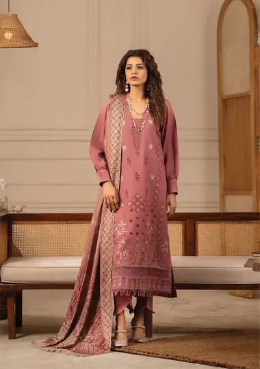 Embroidered Dhanak Shirt And Woollen Aari Shawl D-01 by PURI FABRICS, Pink