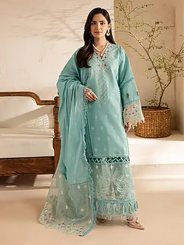 Embroidered Lawn Front Voil  Dupatta by PARISHAY, DarkSeaGreen