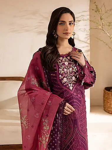 Embroidered Lawn Front Voil  Dupatta by PARISHAY, MediumVioletRed