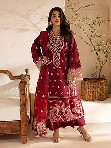 Embroidered Lawn Front Voil Dupatta by PARISHAY, DarkRed