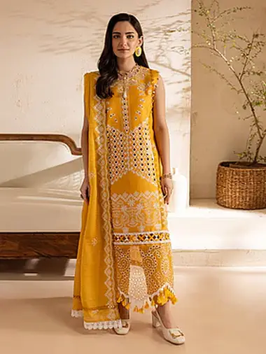 Embroidered Lawn Front Voil Dupatta by PARISHAY, Yellow